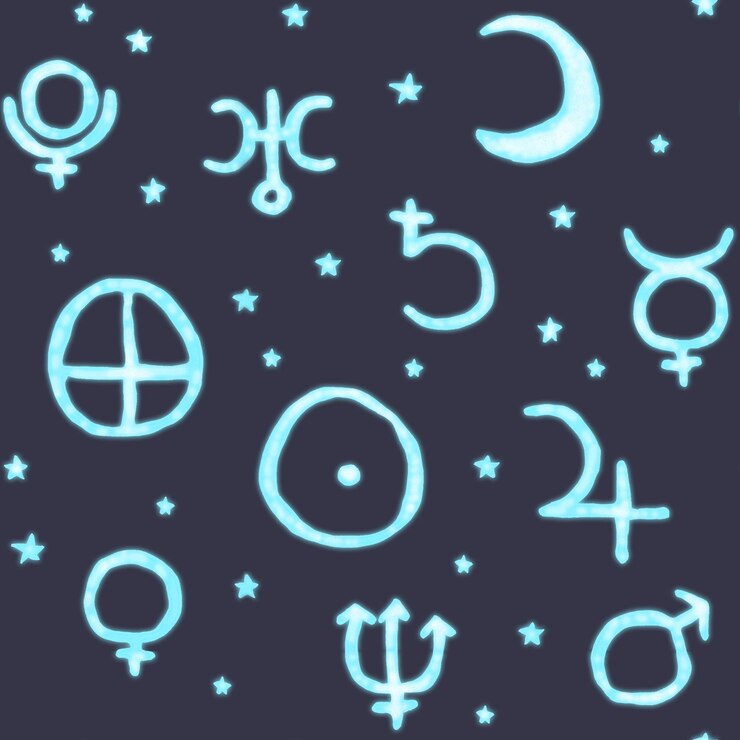 PSD padrão sem costuras de estrelas e símbolos de planetas desenhados de forma desigual em cor azul com efeito de brilho