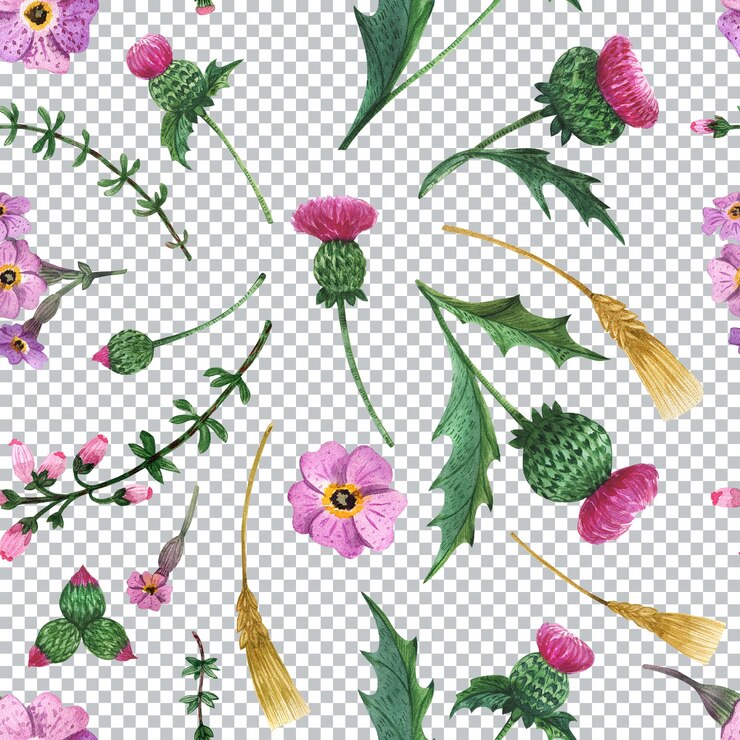 PSD padrão sem emenda de flores escocesas. decoração têxtil floral aquarela com cardo