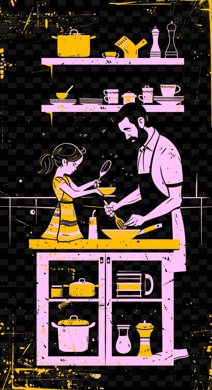 PSD padre e figlia che cucinano insieme in una cucina accogliente vinta png illustration art work designs