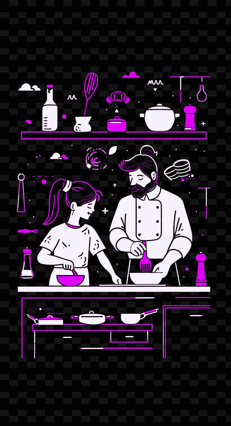 PSD padre e figlia fanno una competizione di cucina insieme in png illustration art work designs