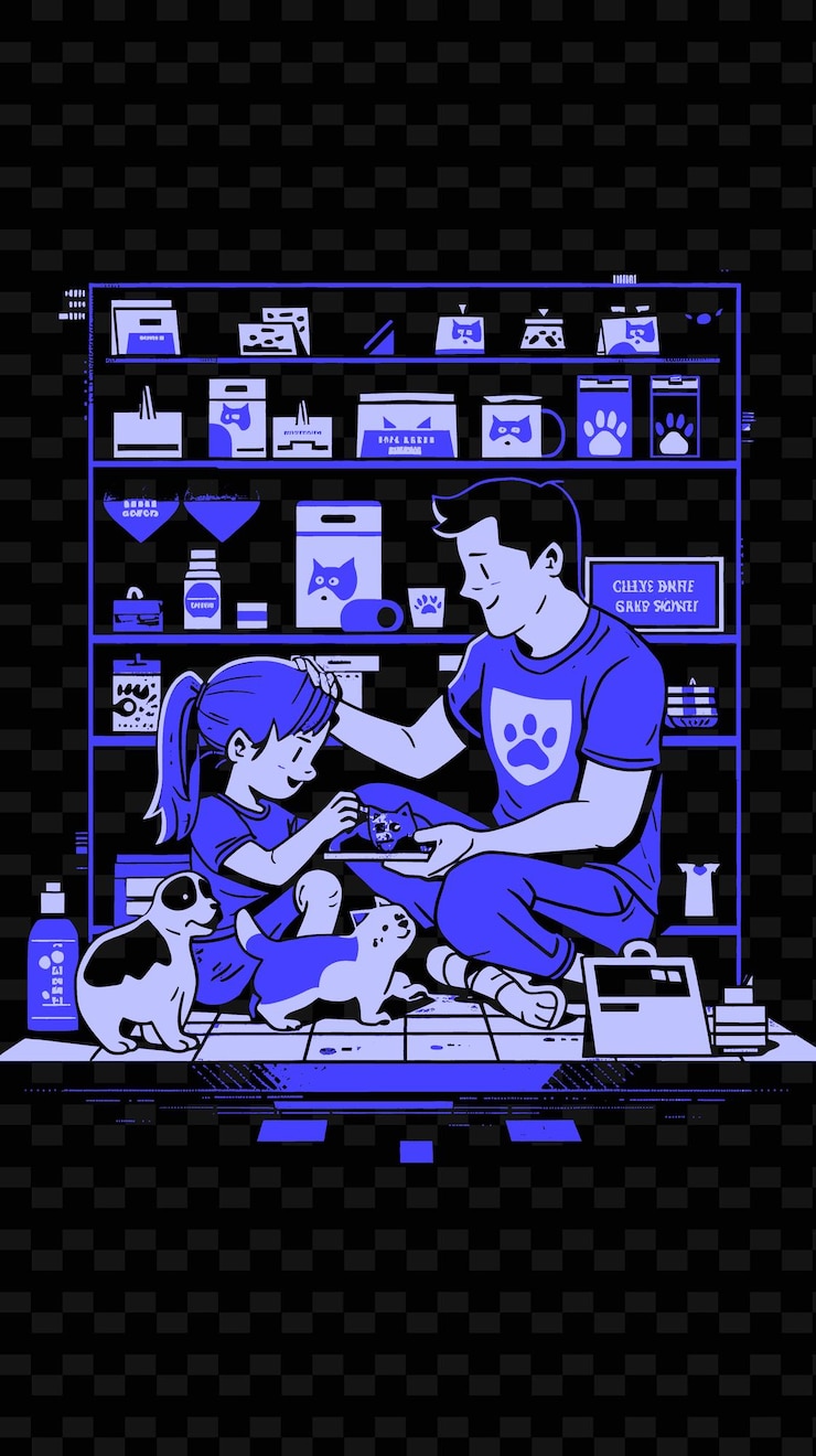 PSD padre e figlia giocano insieme con gli animali domestici in un negozio di animali domestici png illustration art work designs