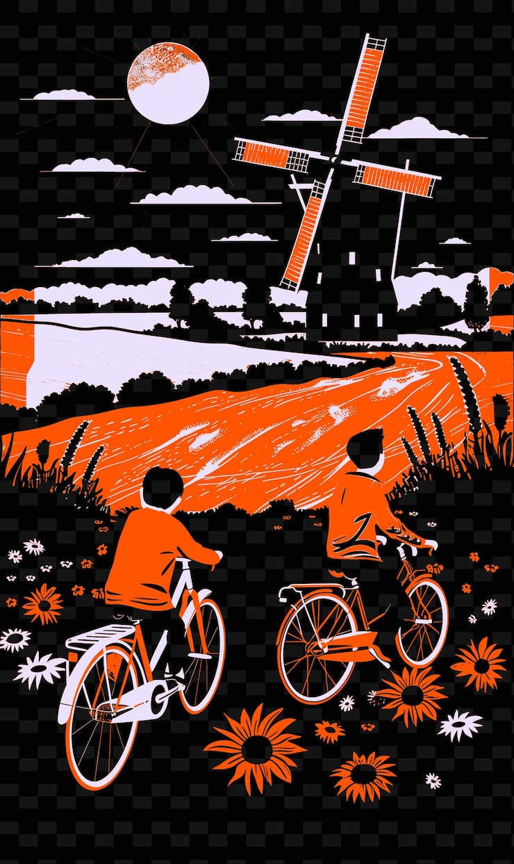 PSD padre e figlio in bicicletta in campagna con un mulino a vento png illustration art work designs