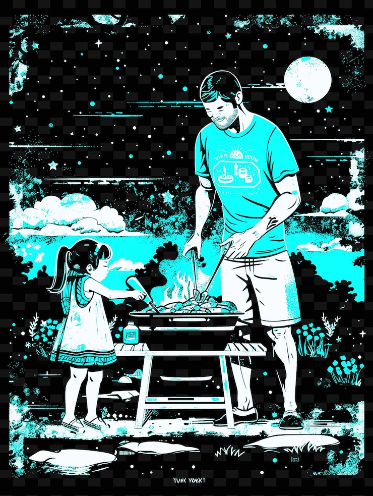 PSD padre e hija cocinando bbq en el patio trasero con una diversión s png ilustración diseños de obras de arte