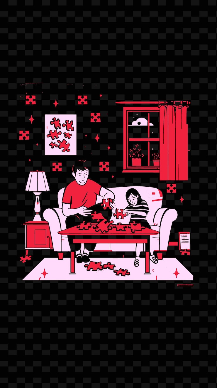 PSD padre e hija haciendo un rompecabezas juntos en una sala de estar png ilustración diseños de obras de arte