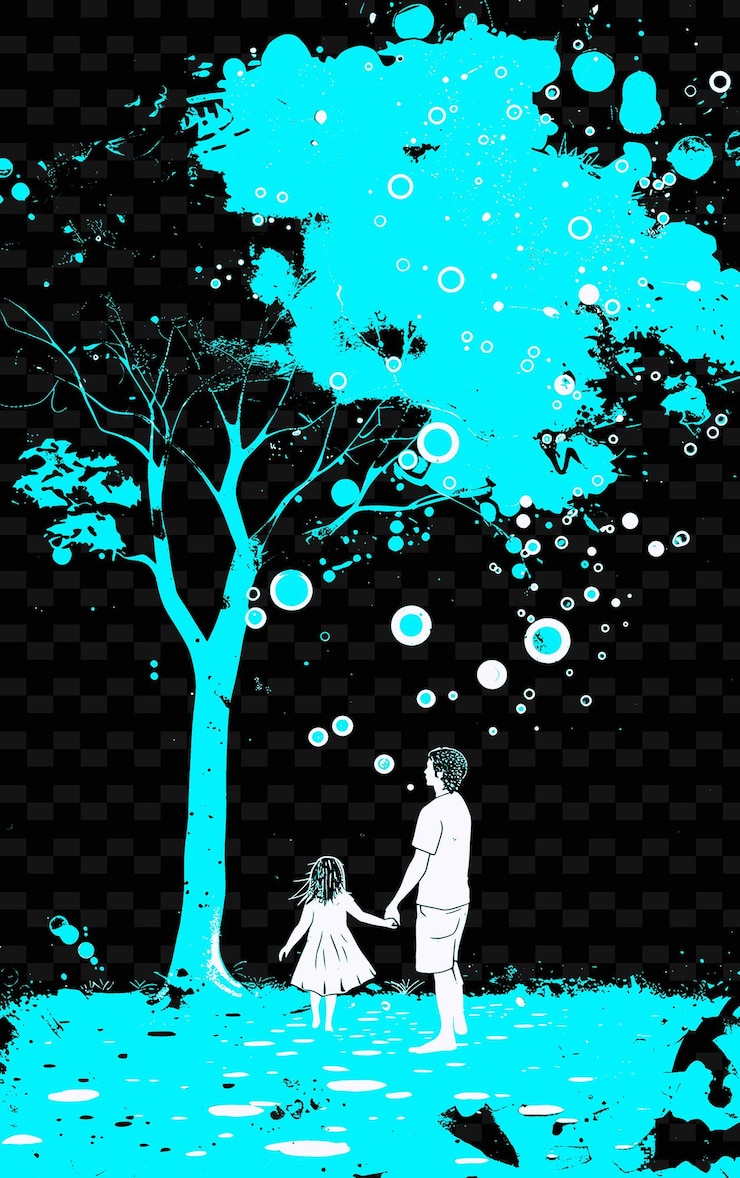 PSD padre e hija jugando con burbujas en un parque con un dr. png ilustración diseños de obras de arte