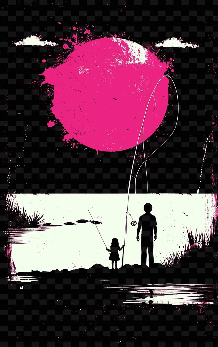 PSD padre e hija pescando en un lago con una escena serena po png ilustración diseños de obras de arte