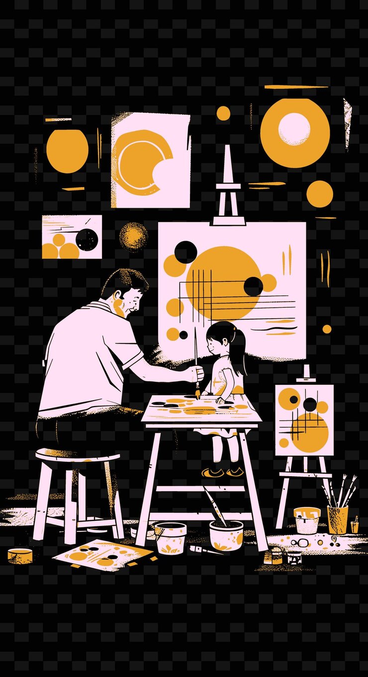 PSD padre e hija pintando juntos en un estudio de arte con diseños de obras de arte de ilustración png