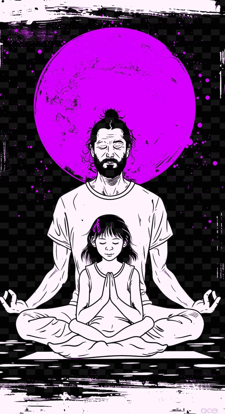 PSD padre e hija teniendo una sesión de yoga juntos en un sere png diseños de obras de arte de ilustración