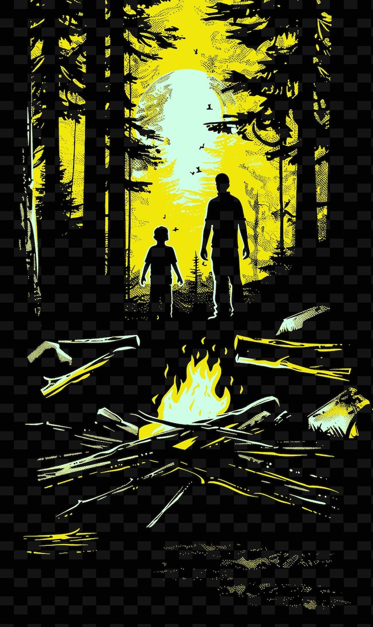 PSD padre e hijo acampando en el bosque con un cartel de hoguera de png ilustración diseños de obras de arte