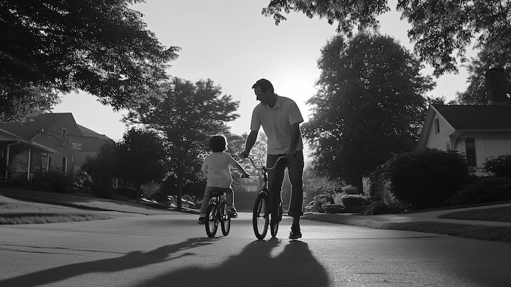 PSD padre e hijo en bicicleta por una calle residencial al atardecer