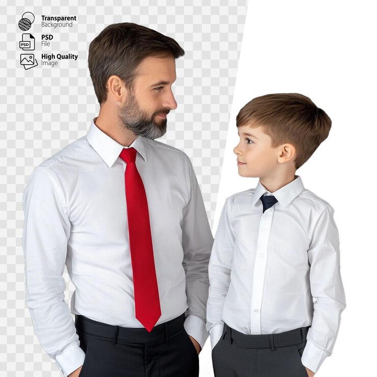 PSD padre e hijo con camisas blancas y corbatas rojas mirándose el uno al otro en un fondo transparente