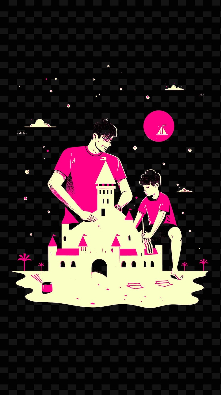 PSD padre e hijo construyendo un castillo de arena en la playa pastel col png ilustración diseños de obras de arte