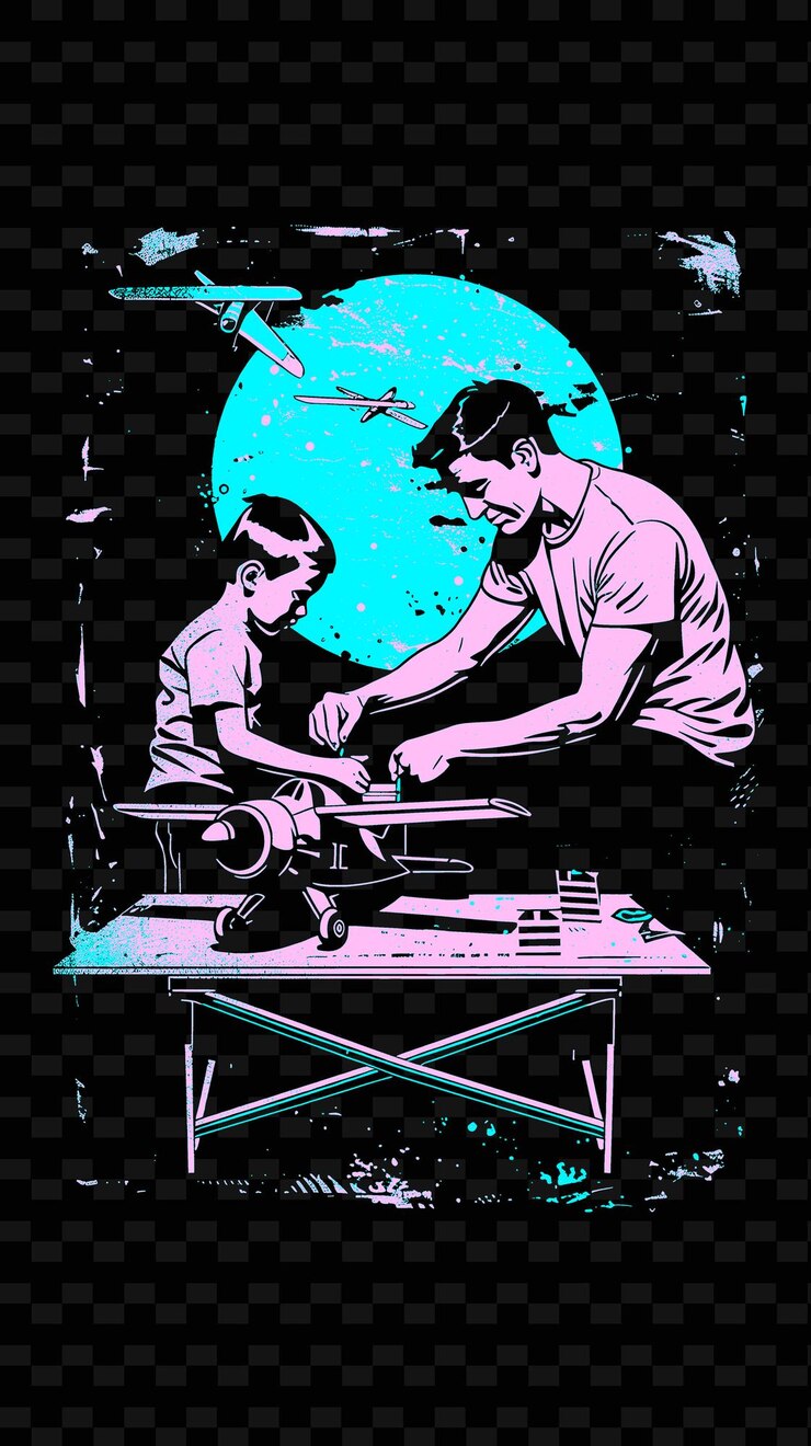 PSD padre e hijo construyendo un modelo de avión juntos vintage po png ilustración diseños de obras de arte