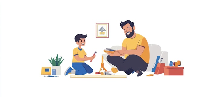 PSD padre e hijo disfrutan de un divertido proyecto de bricolaje juntos en casa usando herramientas y construyendo algo