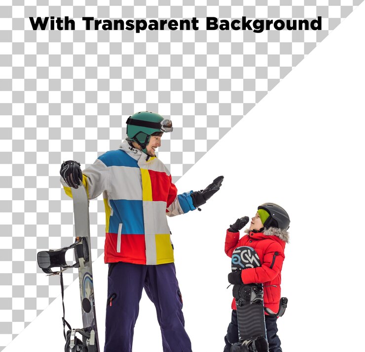 PSD padre e hijo disfrutando del invierno o la nieve con la tabla de esquí png psg aislado en un fondo transparente