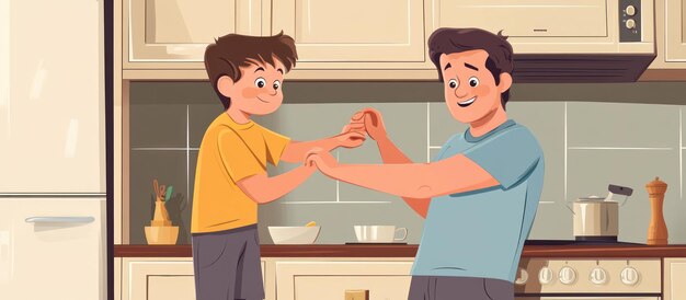 Padre e hijo interactuando lúdicamente en una cocina