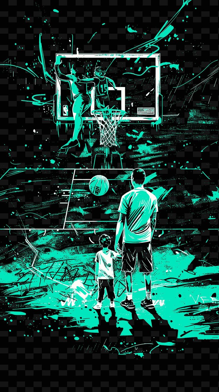 PSD padre e hijo jugando al baloncesto en una cancha con un atleta png ilustración diseños de obras de arte