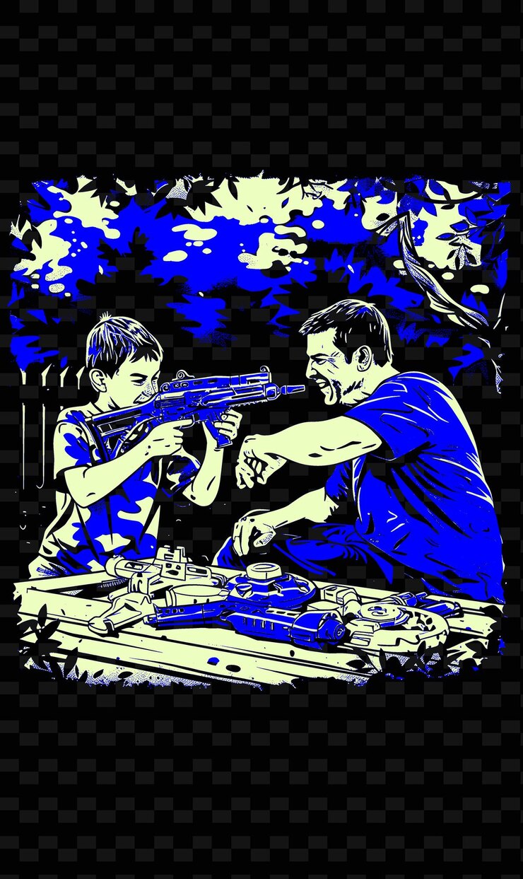 PSD padre e hijo jugando con armas nerf en un patio trasero con un f png ilustración diseños de obras de arte