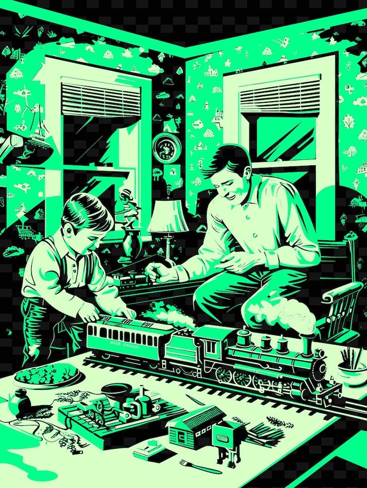 PSD padre e hijo jugando con un tren modelo en una habitación con un v png ilustración diseños de obras de arte