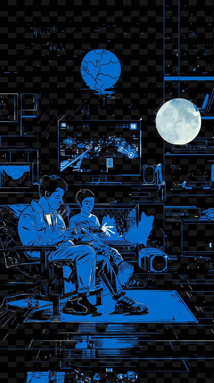 PSD padre e hijo jugando videojuegos en una habitación acogedora con un fut png ilustración diseños de obras de arte