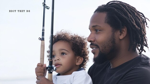 Padre e hijo pescando disfrutando de la vista del océano