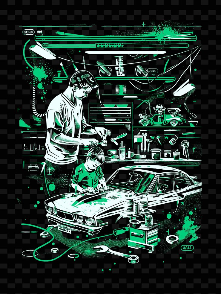 PSD padre e hijo reparando un coche juntos en un garaje con herramientas png ilustración diseños de obras de arte