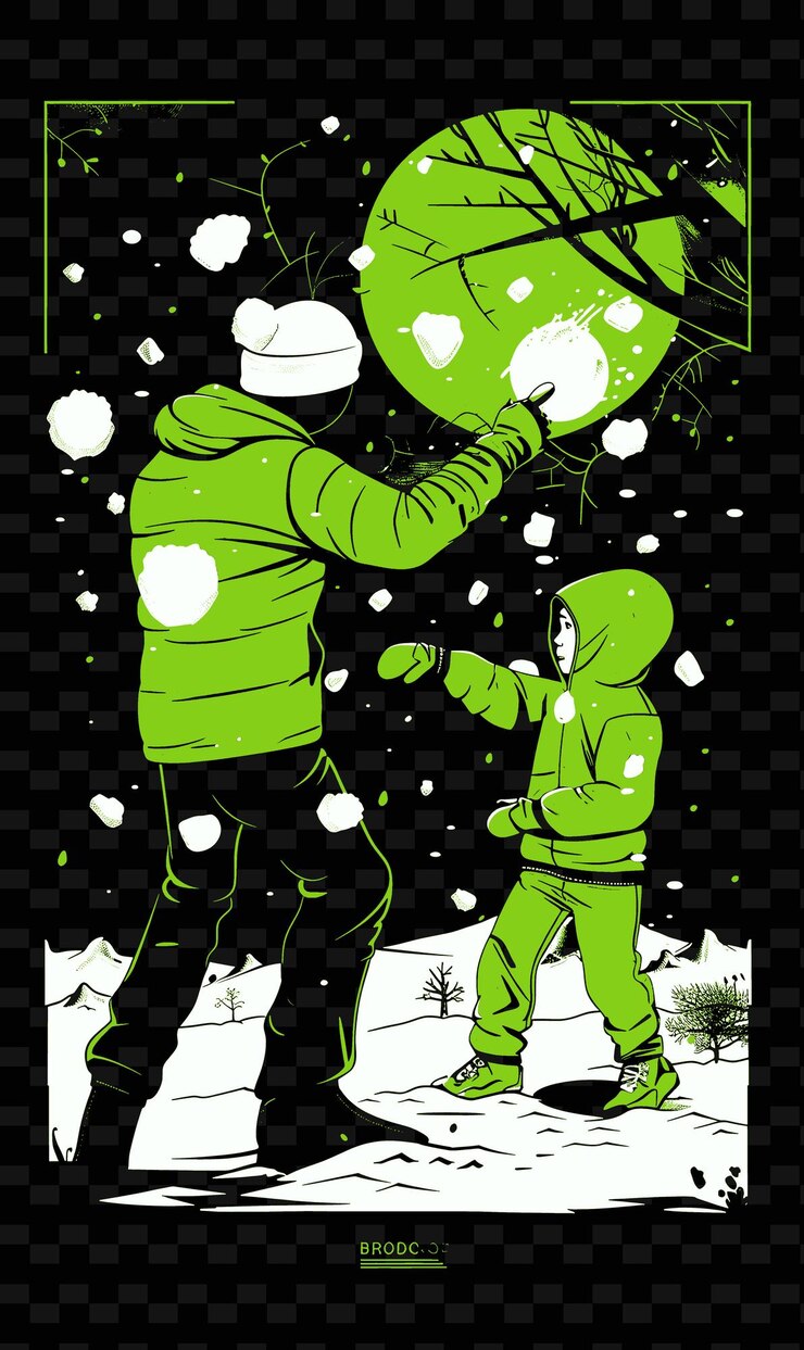 PSD padre e hijo teniendo una pelea de bolas de nieve juntos en un invierno png ilustración diseños de obras de arte