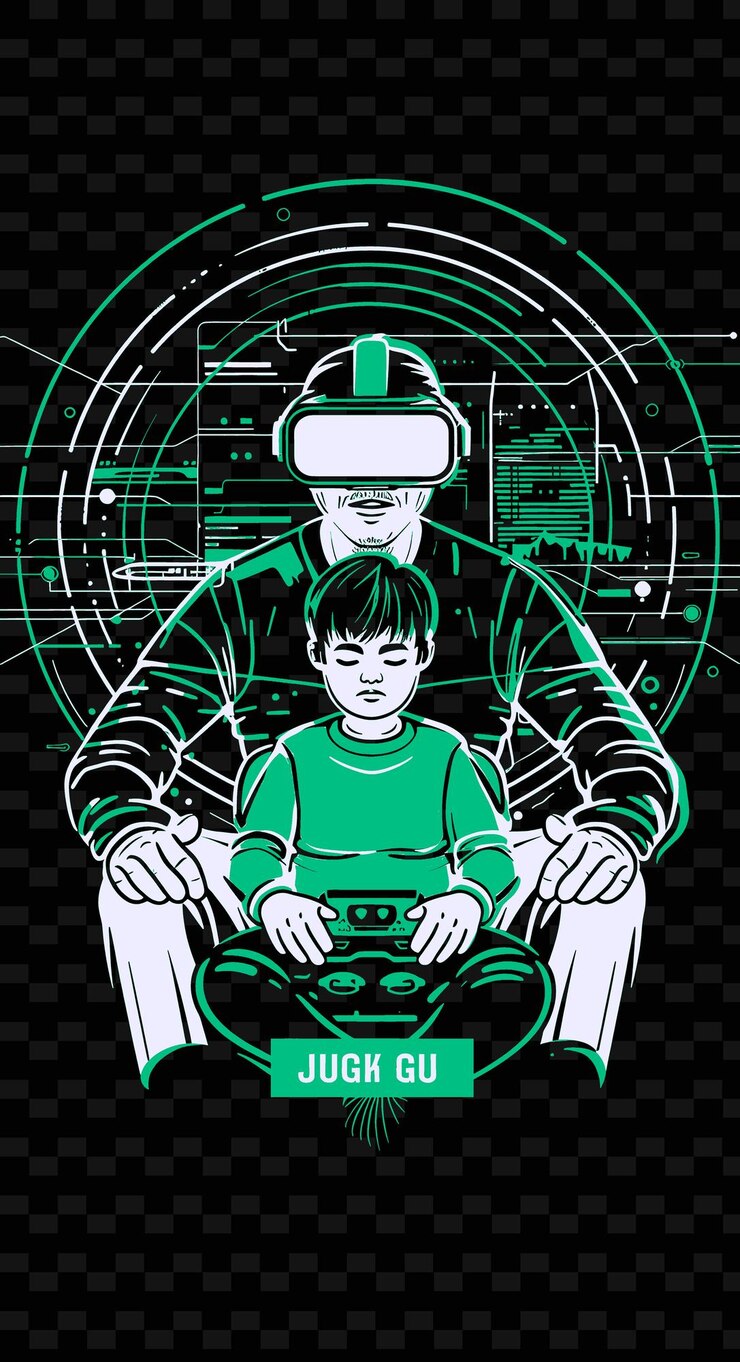 PSD padre e hijo teniendo una sesión de juegos de realidad virtual toget png ilustración diseños de obras de arte
