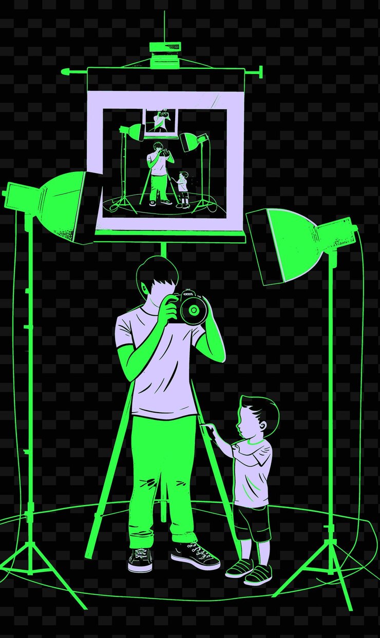 PSD padre e hijo tomando fotos juntos en un estudio fotográfico arti png ilustración diseños de obras de arte
