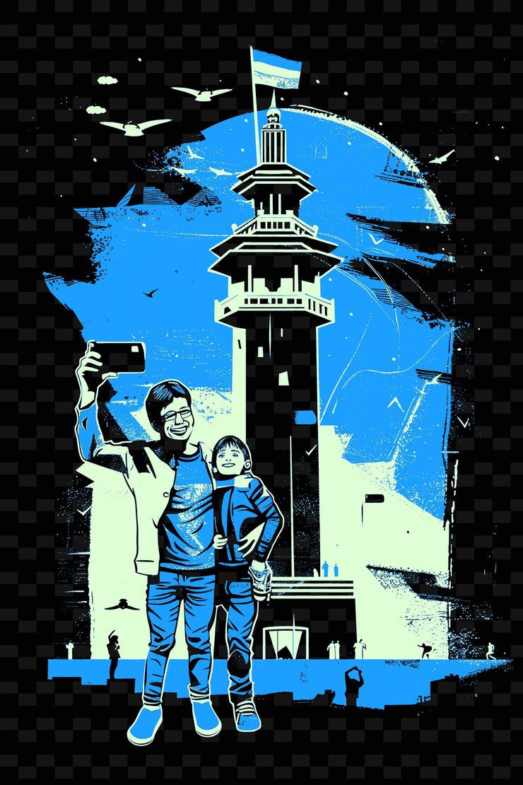 PSD padre e hijo tomando una selfie frente a un punto de referencia con un diseño de obra de arte de ilustración de png
