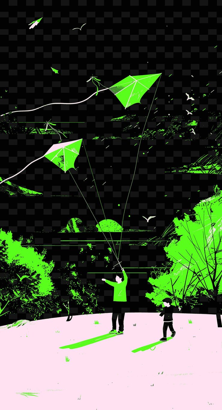 PSD padre e hijo volando cometas en un parque con una escena ventosa pos png ilustración diseños de obras de arte