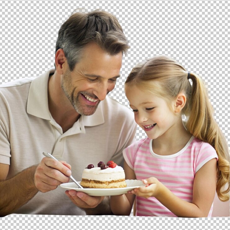 PSD padre y hija con pastel aislado en un fondo transparente