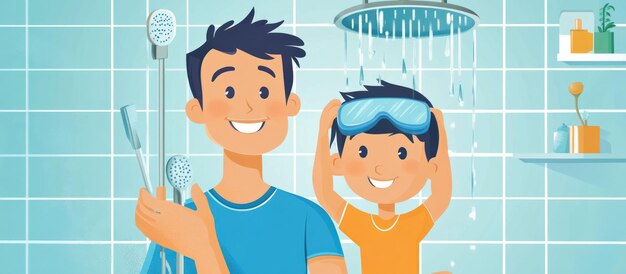 Padre y hijo felices bañándose juntos.