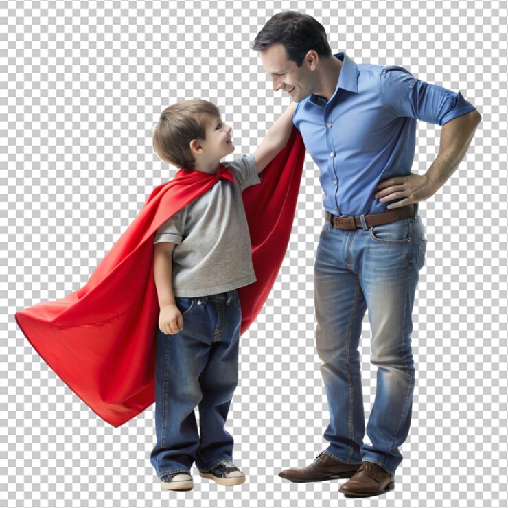 PSD el padre se pone la capa de superhéroe al hijo.