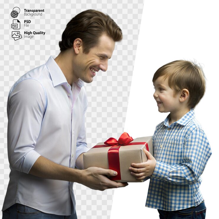 PSD un padre recibiendo un regalo de su hijo en su día especial en un fondo transparente