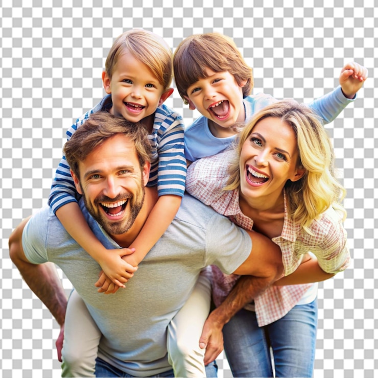 PSD padres felices divirtiéndose mientras llevan a sus hijos en un fondo transparente