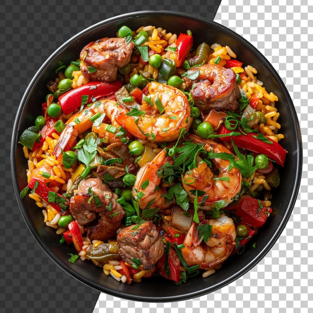 PSD paella de crevettes et de poulet savoureux avec des légumes frais sur un fond transparent