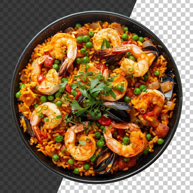 PSD paella de crevettes et de poulet savoureux avec des légumes frais sur un fond transparent