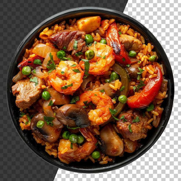 PSD paella de crevettes et de poulet savoureux avec des légumes frais sur un fond transparent