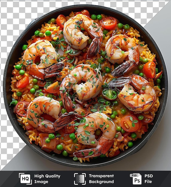 PSD paella de crevettes transparentes avec des tomates, des pois verts et des crevettes dans une casserole