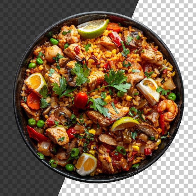 PSD paella de camarão e frango com vegetais frescos em fundo transparente png