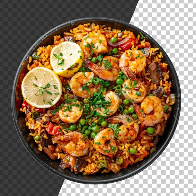 PSD paella de camarão e frango com vegetais frescos em fundo transparente png