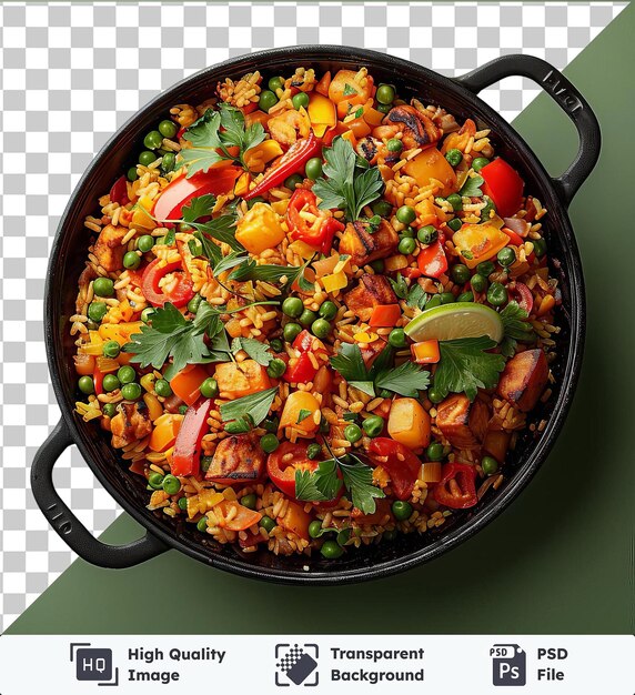 PSD paella de vegetais premium cozida numa frigideira preta com uma alça preta adornada com pimenta vermelha