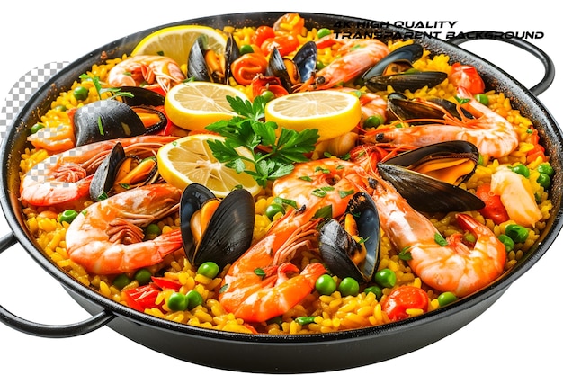 PSD une paella espagnole classique avec des arômes d'infusion de safran sur un fond transparent