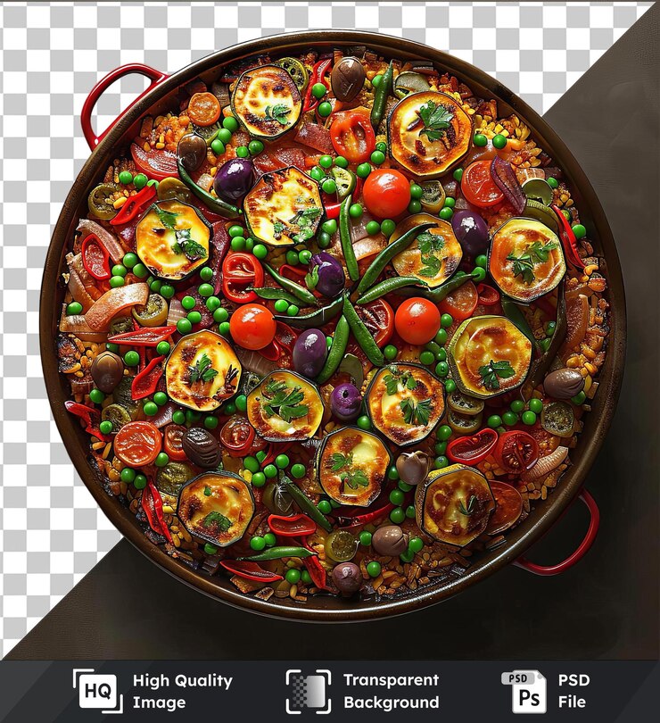 PSD paella végétale transparente avec des tomates, des poivrons et des olives dans une casserole