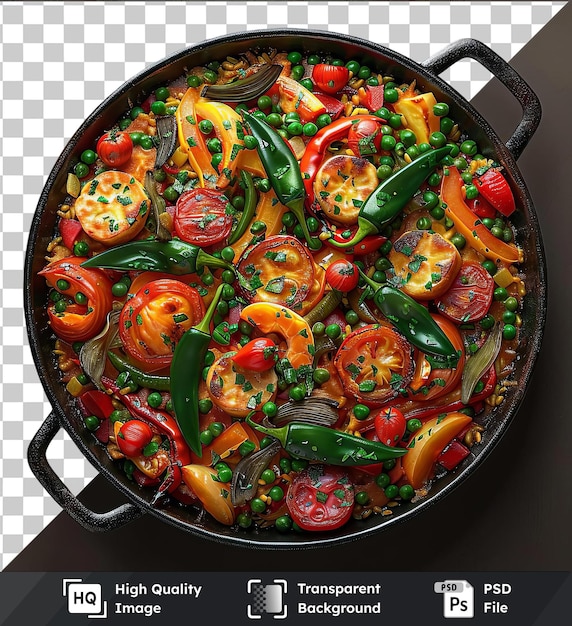 Paella de verduras transparente con tomates y pimientos en una sartén