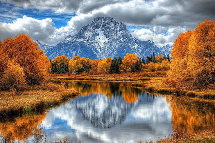 PSD paesaggio autunnale con il riflesso della montagna in un lago tranquillo