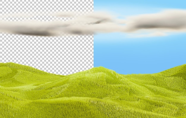 Paesaggio colorato di prati verdi e nuvole Valle con colline rendering 3d Campo in erba verde