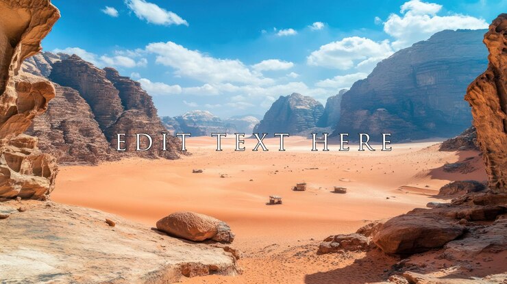 PSD paesaggio del deserto di wadi rum visto da rocce di arenaria sotto un cielo blu brillante con nuvole