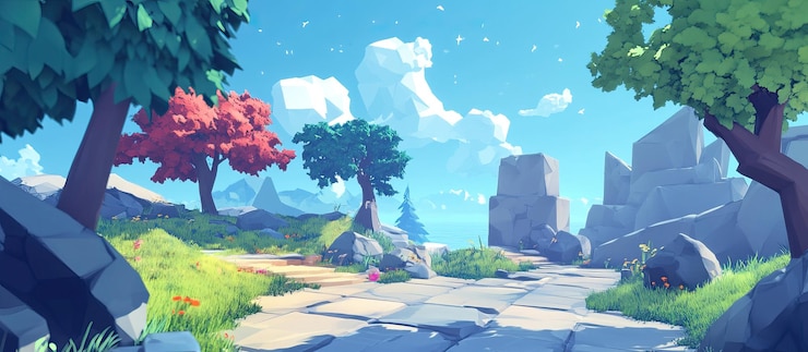 PSD paesaggio di low poly con un sentiero di pietra